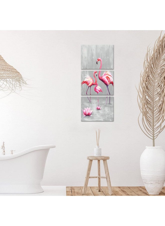 LevvArts LevvArts 3 Panel Animal Canvas Wall Art Pink Flamingo Family with Lotus Flower Painting Picture Animal Love Canvas Prints Pink and gray Artwork Stretched Living Room Bedroom Decor Each Piece 12x16  - Image 2