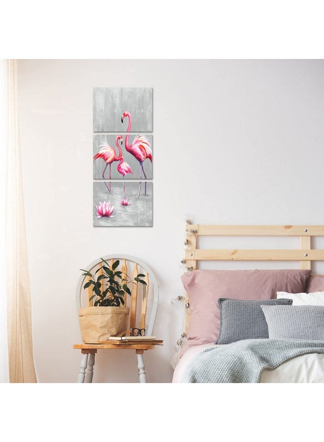 LevvArts LevvArts 3 Panel Animal Canvas Wall Art Pink Flamingo Family with Lotus Flower Painting Picture Animal Love Canvas Prints Pink and gray Artwork Stretched Living Room Bedroom Decor Each Piece 12x16  - Image 4