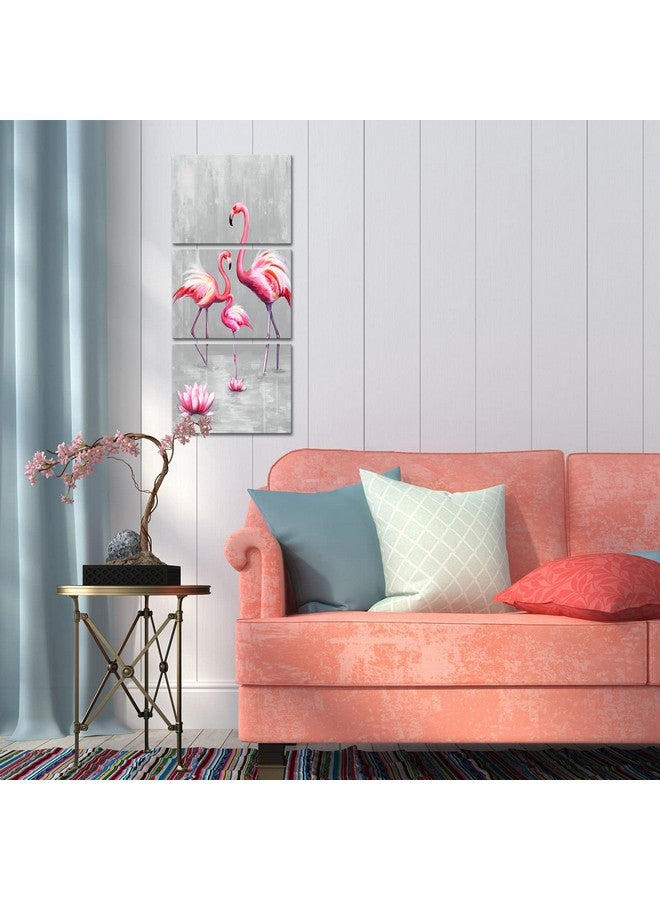 LevvArts LevvArts 3 Panel Animal Canvas Wall Art Pink Flamingo Family with Lotus Flower Painting Picture Animal Love Canvas Prints Pink and gray Artwork Stretched Living Room Bedroom Decor Each Piece 12x16  - Image 5