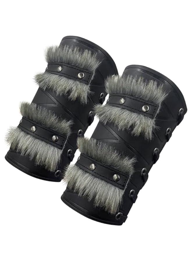Generic Nordic Viking Barbarian Arm Guards, Medieval Artificial Fur Gauntlets, Vintage Faux Leather Bracers for LARP - Image 1
