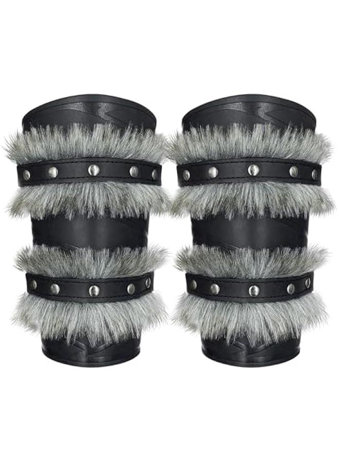 Generic Nordic Viking Barbarian Arm Guards, Medieval Artificial Fur Gauntlets, Vintage Faux Leather Bracers for LARP - Image 3