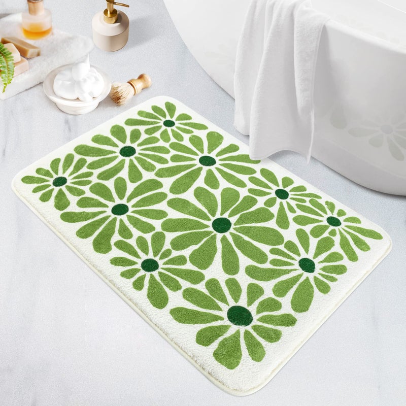 SHIYUE Green Bathroom Rugs Bath Mat, Microfiber Fluffy Soft Floor Mats for Bathroom, Non-Slip and Waterproof Back Soft Bathmat, for Indoor Shower Bathtub Decoration (Cute Floral 18x26in) - Image 1