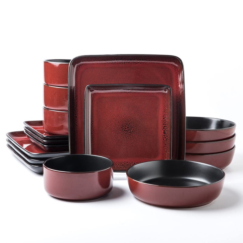Arora FLACKAR Square Stoneware 16pc Double Bowl Dinnerware Set for 4 Dinner Plates Side Plates Cereal Bowls Pasta Bowls  Reactive Glaze Red 480349