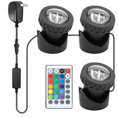 TENSUL Colored Pond Lights with Timer, RGB Fountain Lights IP68 Waterproof Pond Light, Dimmable Outdoor Landscape Lights for Fish Tank Pond Fountain Garden, 3 Lights - Image 1