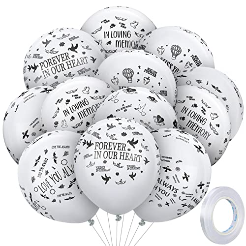 Sinmoe 72 Pcs Memorial Balloons Set White Remembrance Funeral Celebration of Life Latex Balloon with Ribbon Love You Always Miss You Forever We Will Never Forget You Balloons Decorations 12 Inch - Image 1