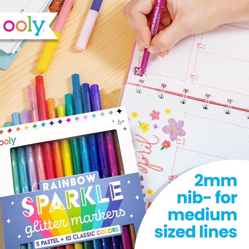 Ooly Rainbow Sparkle Glitter Markers Set of 15, Includes 5 Pastel & 10 Classic Color Markers, Glittery & Sparkling Marker for Kids, 2mm Nib for Medium Sized Lines - GLITTER VARIETY PACK - Image 4