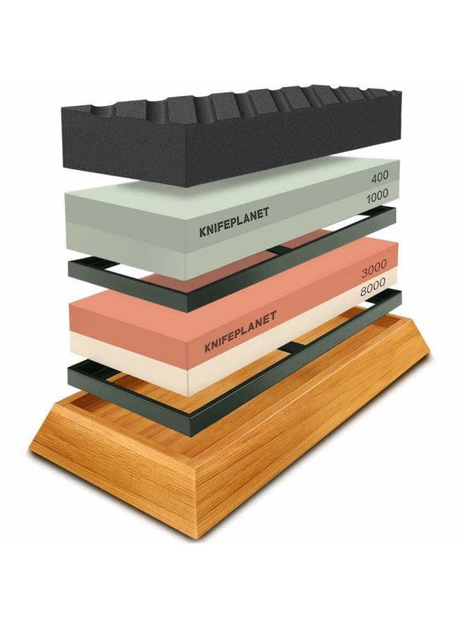 KNIFEPLANET Knife Sharpening Stone Set 400/1000 and 3000/8000 Grit Professional, Safe Knife Sharpener Set Whetstone Set Contains Flattening Stone, Bamboo Base and 2 Non-Slip Rubbers - Image 2
