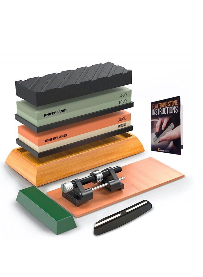 KNIFEPLANET Knife Sharpening Stone Set 400/1000 and 3000/8000 Grit Professional, Safe Knife Sharpener Set Whetstone Set Contains Flattening Stone, Bamboo Base and 2 Non-Slip Rubbers - Image 1