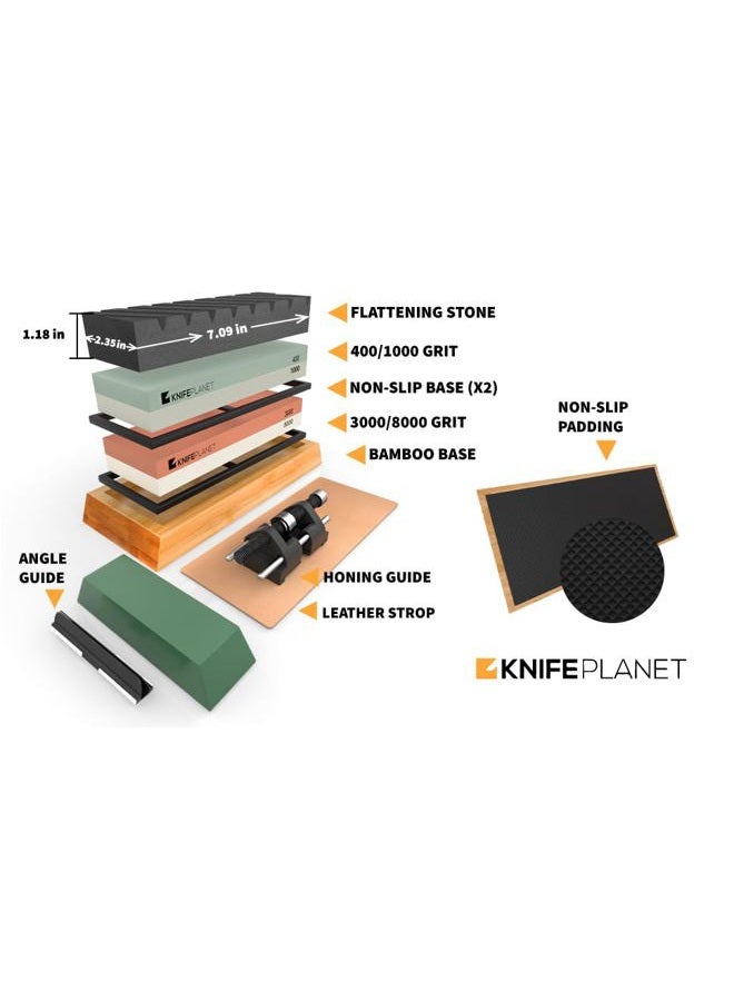KNIFEPLANET Knife Sharpening Stone Set 400/1000 and 3000/8000 Grit Professional, Safe Knife Sharpener Set Whetstone Set Contains Flattening Stone, Bamboo Base and 2 Non-Slip Rubbers - Image 3