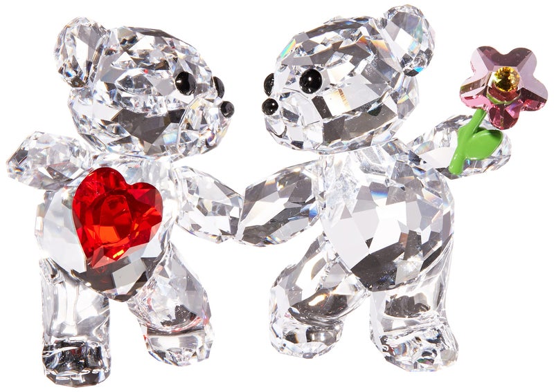 SWAROVSKI مجموعة تماثيل دببة كريس من سواروفسكي - سعيدون معًا، كريستال سواروفسكي شفاف مع قلب أحمر وزهرة وردية، جزء من مجموعة دببة كريس من سواروفسكي - Image 3