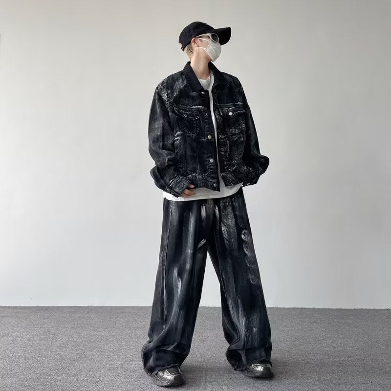 High Street American Handsome Splash-Ink Denim Jacket Men'S Suit Street Fashion Brand Hip-Hop Loose Casual Work Jacket - Image 3