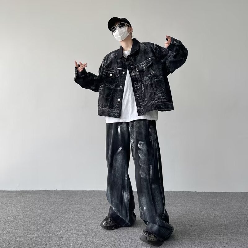 High Street American Handsome Splash-Ink Denim Jacket Men'S Suit Street Fashion Brand Hip-Hop Loose Casual Work Jacket - Image 4