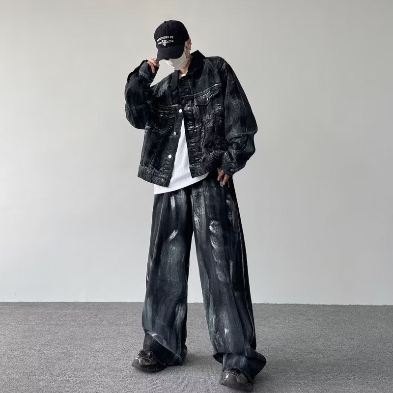 High Street American Handsome Splash-Ink Denim Jacket Men'S Suit Street Fashion Brand Hip-Hop Loose Casual Work Jacket - Image 2