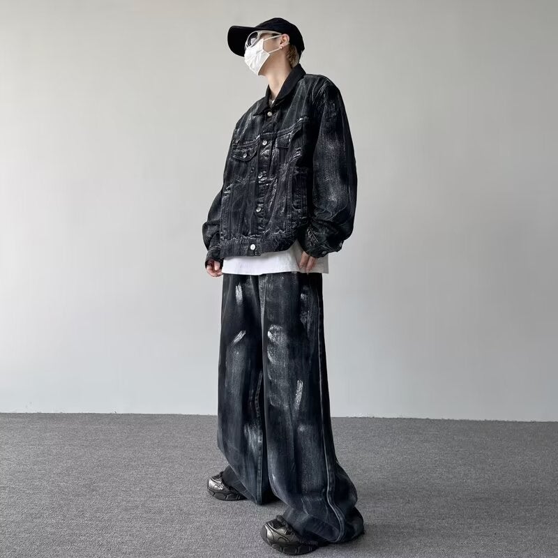 High Street American Handsome Splash-Ink Denim Jacket Men'S Suit Street Fashion Brand Hip-Hop Loose Casual Work Jacket - Image 1