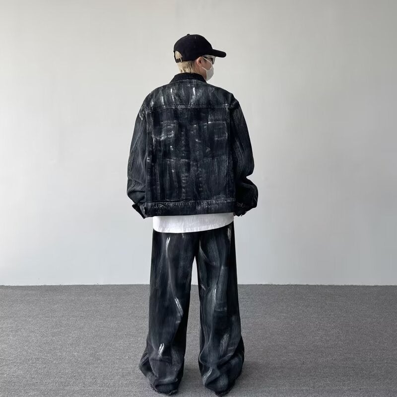 High Street American Handsome Splash-Ink Denim Jacket Men'S Suit Street Fashion Brand Hip-Hop Loose Casual Work Jacket - Image 5