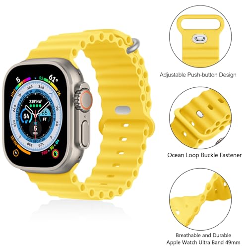 BHUIJIC Ocean Band Compatiable with Apple Watch Ultra Band 49mm 46mm 45mm 44mm 42mm for Men Women, Sport Wristband Adjustable Silicone Strap for Apple Watch Ultra 3 2 1 iWatch Series 11 10 9 8 7 6 5 4 SE Official Yellow - Image 3