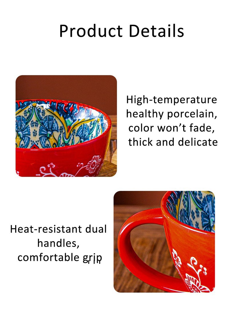 Ceramic Coffee Mug with Handle, Versatile Bohemian Style Gand-Painted Cup for Oatmeal, Milk, Fattoush, Oven, Dishwasher and Microwave Safe, 550ml (Red Blue) - Image 2