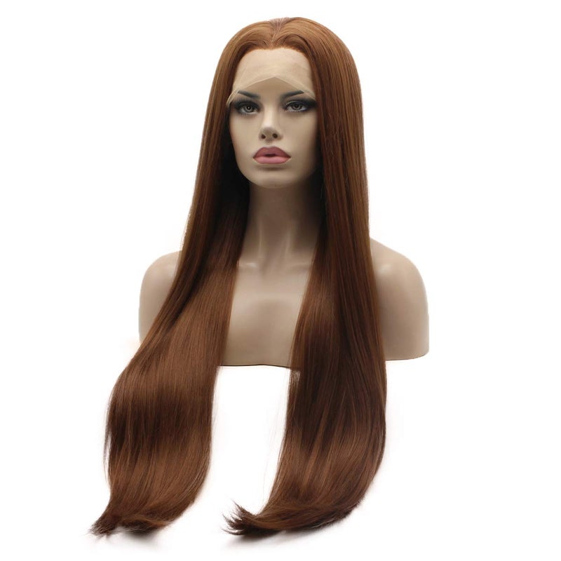 Lushy Lace Front Synthetic Straight Super Long 28inch Medium Auburn Wig Silk Soft Stylish Wig