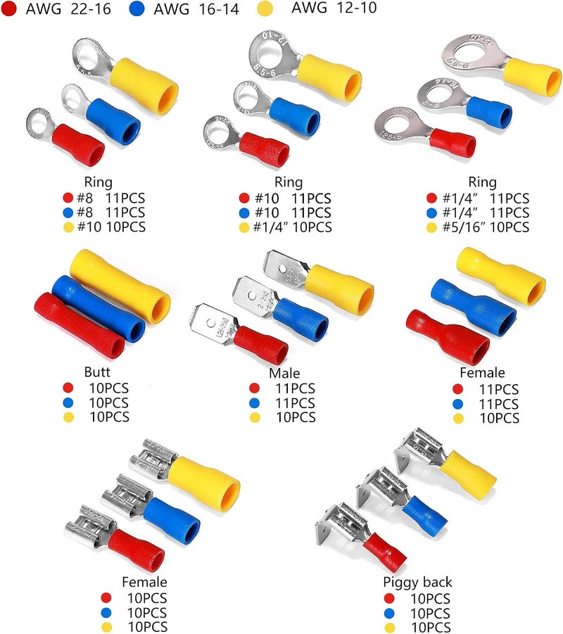 Ginsco 250Pcs Spade Crimp Terminal Assorted Insulated Wire Electrical Connectors Kit - Quick Disconnect Ring Spade Butt Splices Piggy Back - Image 4