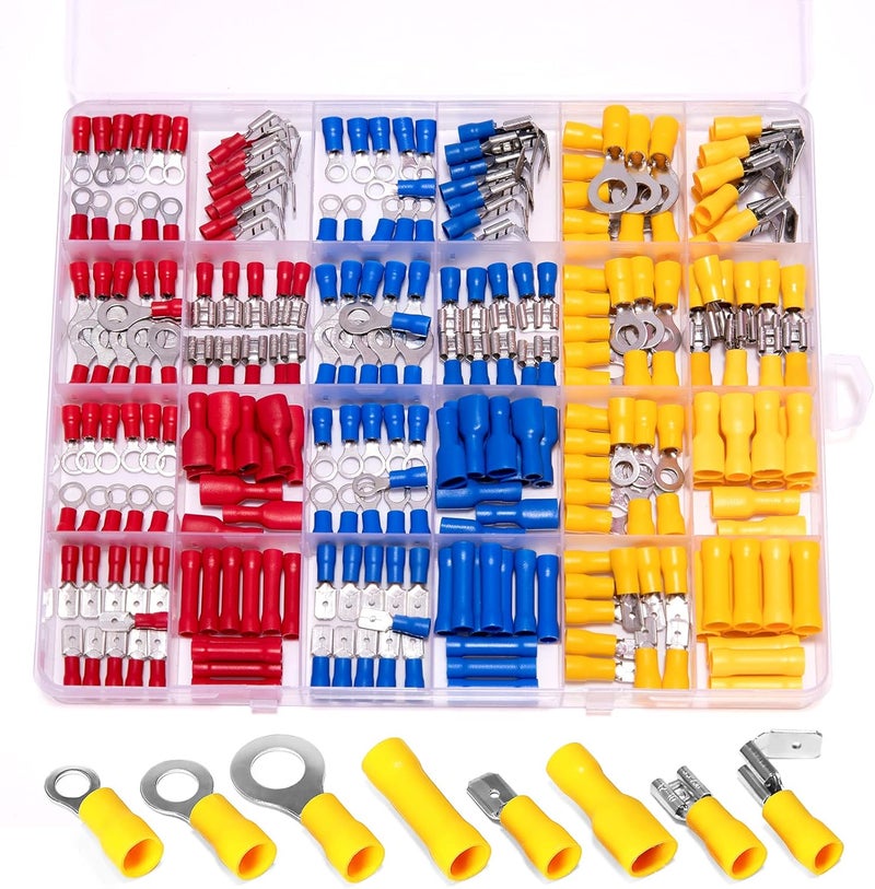 Ginsco 250Pcs Spade Crimp Terminal Assorted Insulated Wire Electrical Connectors Kit - Quick Disconnect Ring Spade Butt Splices Piggy Back - Image 1