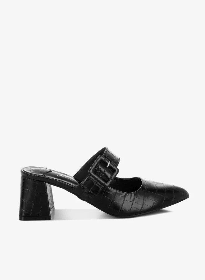 Croco Buckle Strap Detail Mules in Black