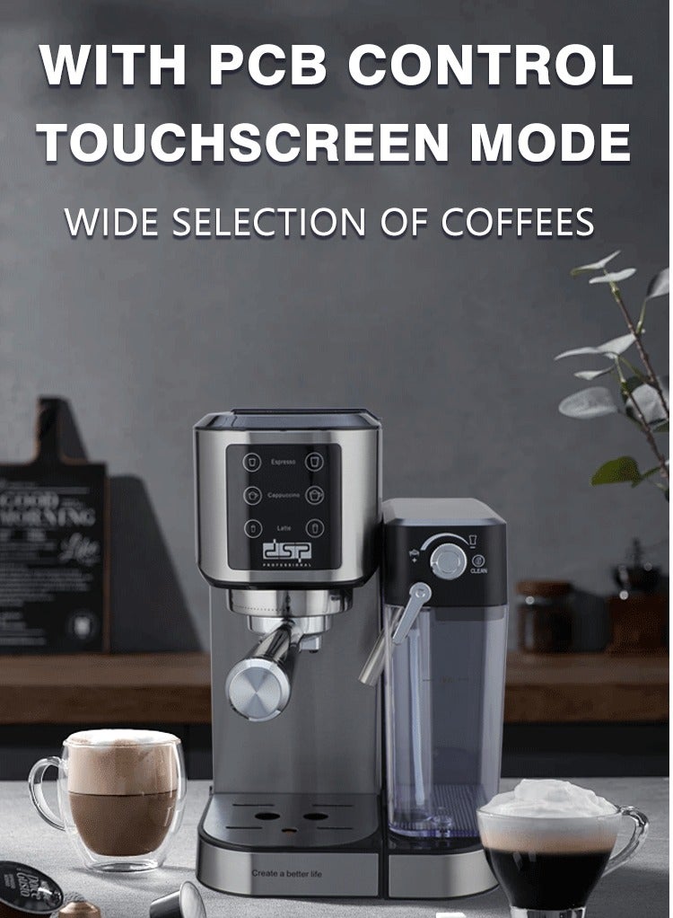 DSP 3 In 1 Automatic Espresso Machine,20 Bar Pump Pressure,1350W/1.0L Cappuccino/Latte Coffee Machine with Automatic Milk Frother, Touchscreen Coffee Maker for Home and Office,KA-3104,Black/Silver - Image 3