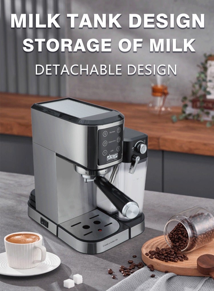 DSP 3 In 1 Automatic Espresso Machine,20 Bar Pump Pressure,1350W/1.0L Cappuccino/Latte Coffee Machine with Automatic Milk Frother, Touchscreen Coffee Maker for Home and Office,KA-3104,Black/Silver - Image 2