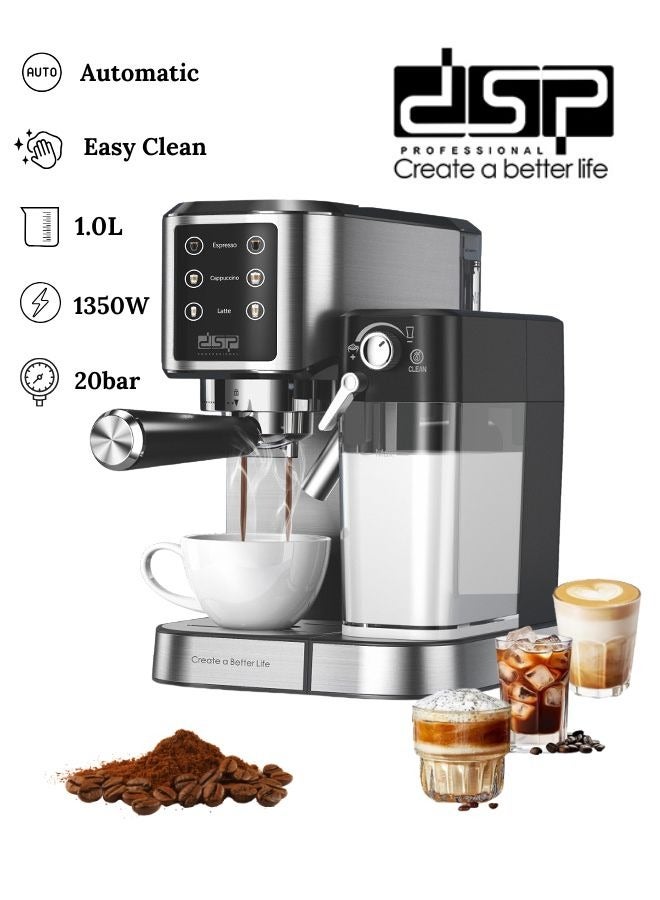 DSP 3 In 1 Automatic Espresso Machine,20 Bar Pump Pressure,1350W/1.0L Cappuccino/Latte Coffee Machine with Automatic Milk Frother, Touchscreen Coffee Maker for Home and Office,KA-3104,Black/Silver - Image 1