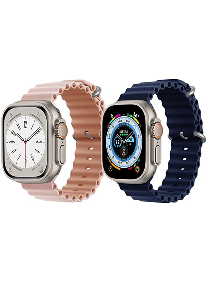 IAF Silicone Ocean Band Strap for Apple Watch Ultra 8 49mm Pink/Beige Double Side Strap with Navy Blue Single Color Strap Set of 2