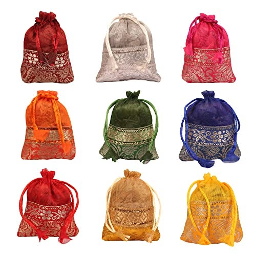 Touchstone Drawstring Bags Traditional Indian Handcrafted in Elephant Pattern Brocade fabric. Perfect for Gifts Jewelry Weddings Sweet Distribution Set of 9 Vibrant Multicolor Pouches Purses Potli. - Image 1