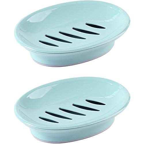 WYOK 2Pack Soap Dish with Drain Plastic Sponge Holder Easy Cleaning Soap Saver Tray Caddy Keep Dry Stop Mushy for Shower Bathroom KitchenBlue