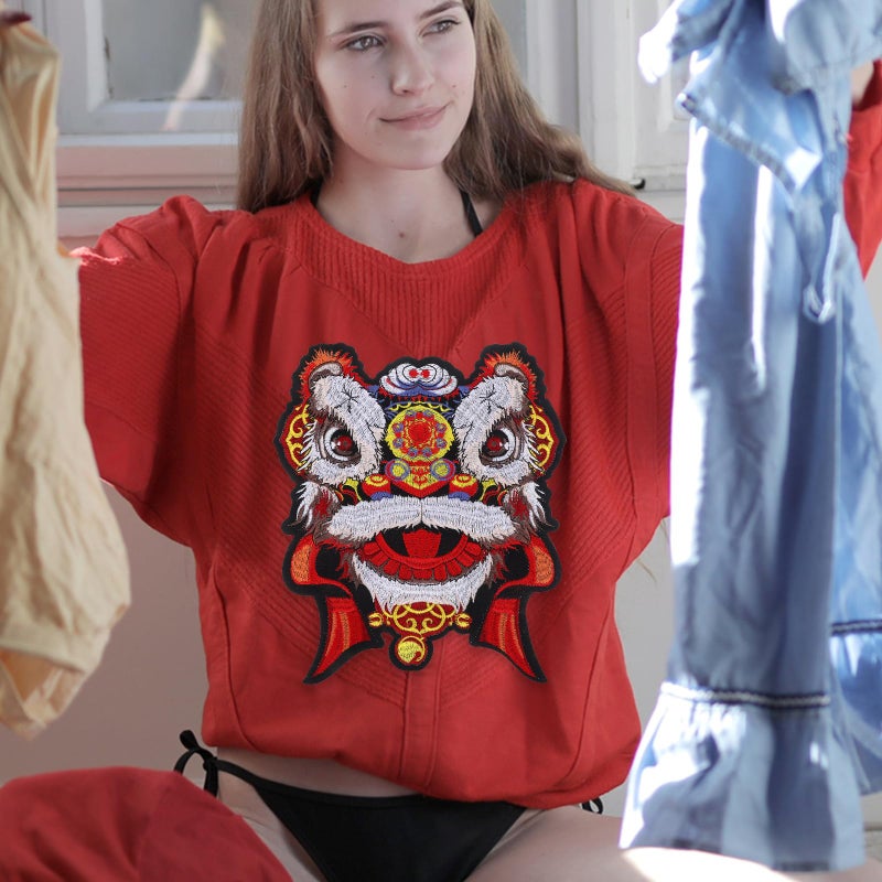 Dancing Lion Embroidery Iron On Patches 2Pcs Small Red Appliques For Clothing Repair DIY Crafts - Image 5