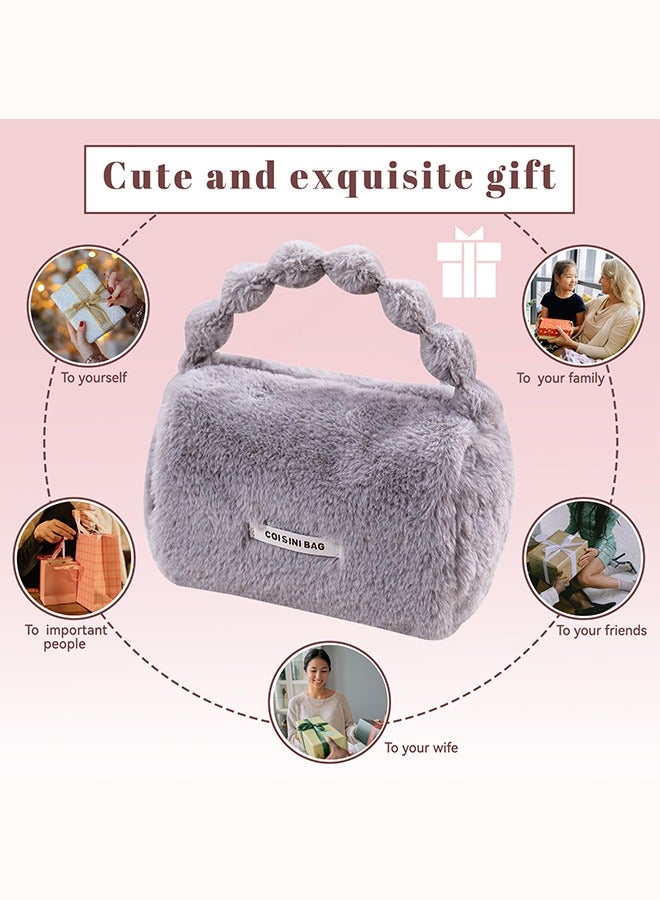 حقائب مستحضرات التجميل، حقيبة مكياج بسحاب، حقيبة تنظيم أدوات الزينة المحمولة للنساء، حقائب تخزين قطيفة كبيرة السعة للسفر، حقيبة حقيبة للعناية بالبشرة، حقيبة بمقبض لطيف (رمادي) - Image 4