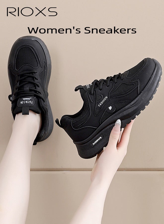 ريوكس حذاء رياضي نسائي سميك، حذاء رياضي كلاسيكي برباط ومقدمة مستديرة، حذاء رياضي سميك بقاعدة سميكة 5 سم للسيدات، حذاء رياضي مريح للسيدات، حذاء جري شبكي قابل للتنفس، حذاء مشي خفيف الوزن ومضاد للانزلاق، حذاء جري، أسود - Image 2