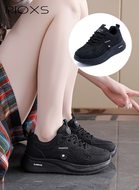 Women's Chunky Sneakers, Classic Round-toed Lace-Up Sport Shoes, 5cm Chunky Platform Sneakers for Ladies, Comfort Ladies Athlesiure Shoes, Brethable Mesh Running Shoes, Lightweight Anti-slip Walking Shoes Jogging Trainers, Black