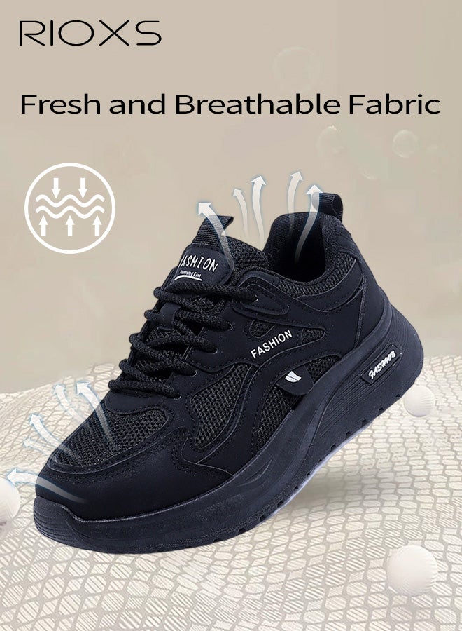 ريوكس حذاء رياضي نسائي سميك، حذاء رياضي كلاسيكي برباط ومقدمة مستديرة، حذاء رياضي سميك بقاعدة سميكة 5 سم للسيدات، حذاء رياضي مريح للسيدات، حذاء جري شبكي قابل للتنفس، حذاء مشي خفيف الوزن ومضاد للانزلاق، حذاء جري، أسود - Image 3
