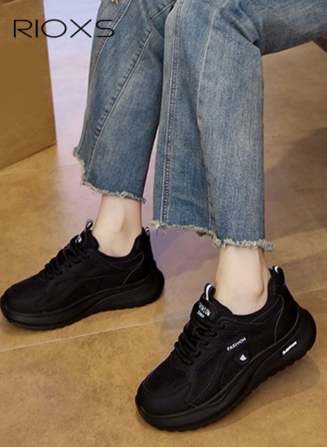 Women's Chunky Sneakers, Classic Round-toed Lace-Up Sport Shoes, 5cm Chunky Platform Sneakers for Ladies, Comfort Ladies Athlesiure Shoes, Brethable Mesh Running Shoes, Lightweight Anti-slip Walking Shoes Jogging Trainers, Black