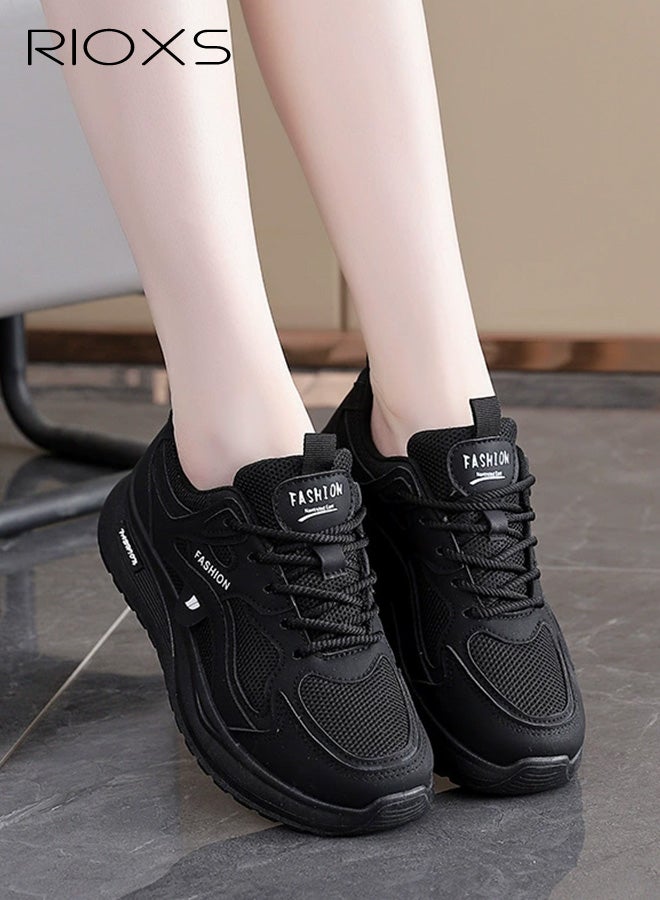 Women's Chunky Sneakers, Classic Round-toed Lace-Up Sport Shoes, 5cm Chunky Platform Sneakers for Ladies, Comfort Ladies Athlesiure Shoes, Brethable Mesh Running Shoes, Lightweight Anti-slip Walking Shoes Jogging Trainers, Black