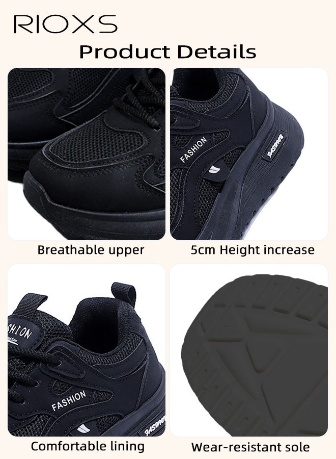 ريوكس حذاء رياضي نسائي سميك، حذاء رياضي كلاسيكي برباط ومقدمة مستديرة، حذاء رياضي سميك بقاعدة سميكة 5 سم للسيدات، حذاء رياضي مريح للسيدات، حذاء جري شبكي قابل للتنفس، حذاء مشي خفيف الوزن ومضاد للانزلاق، حذاء جري، أسود - Image 4