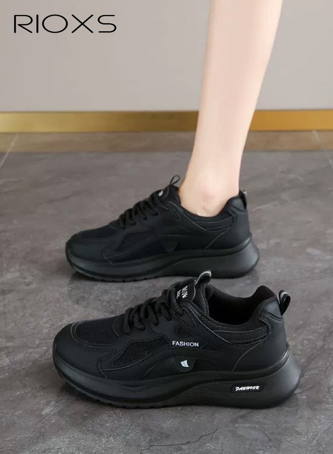 ريوكس حذاء رياضي نسائي سميك، حذاء رياضي كلاسيكي برباط ومقدمة مستديرة، حذاء رياضي سميك بقاعدة سميكة 5 سم للسيدات، حذاء رياضي مريح للسيدات، حذاء جري شبكي قابل للتنفس، حذاء مشي خفيف الوزن ومضاد للانزلاق، حذاء جري، أسود - Image 5