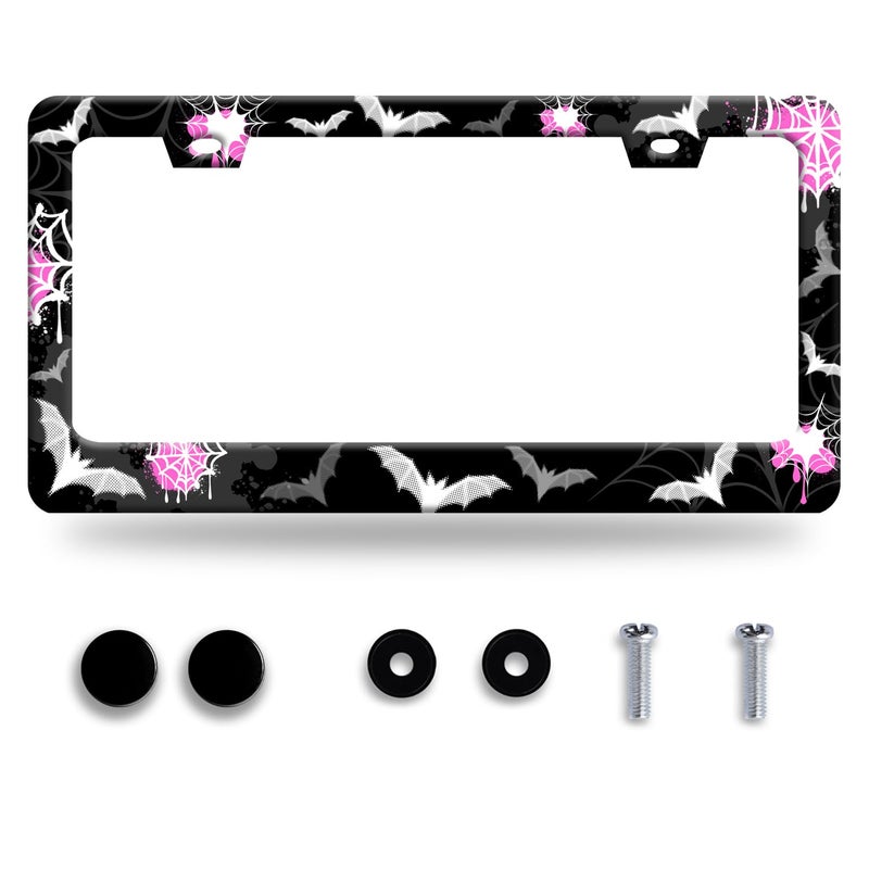 Omw2fyb Personalise Bat Spider Web License Plate Frame Gothic License Plate Frames Car Universal Stainless Steel Accessories Cars Decor with 2 Holes and Screws Fits Standard Us Vehicles Size 12.2 X 6 Inches - Image 1