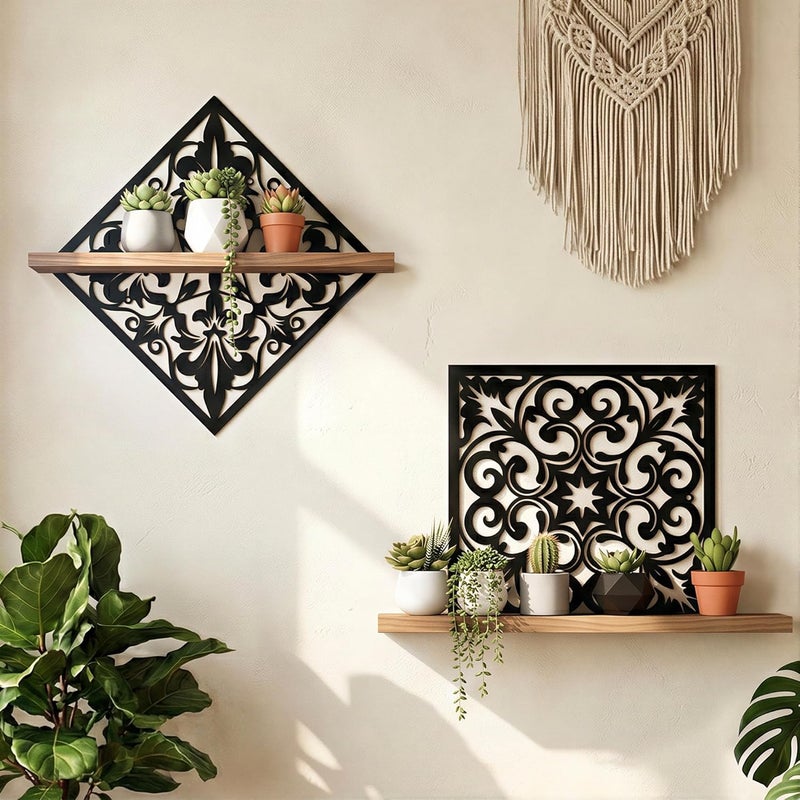 FNYDOX 2PCS Metal Carved Window Wall Decor with Wooden Shelf, Black Floating Shelves for Bathroom Wall, Kitchen Wall Decorative Shelves, Creative Shelf for Bathroom Accessories Organizers and Storage - Image 5