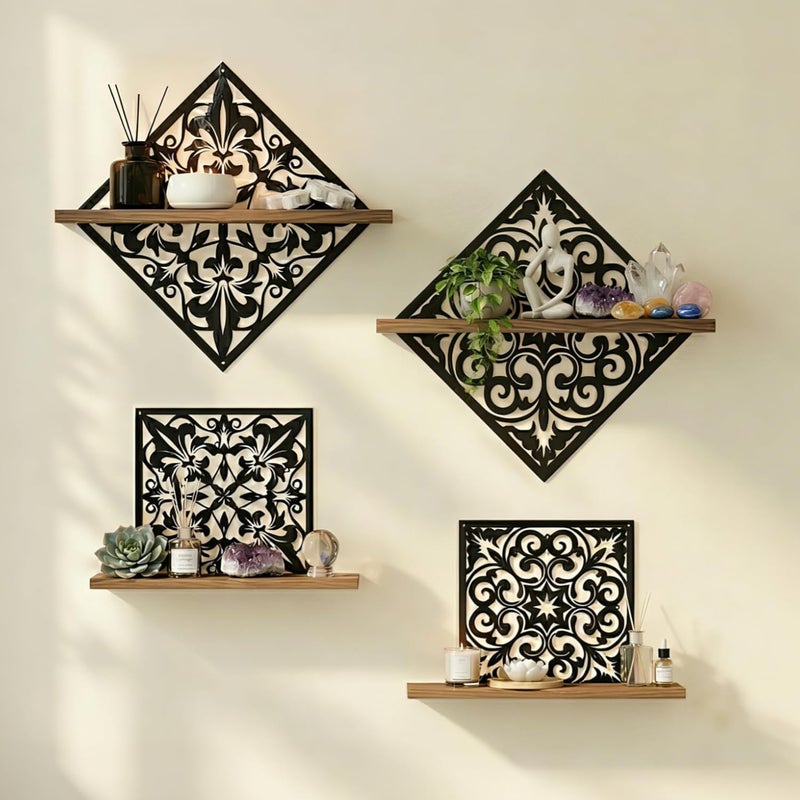 FNYDOX 2PCS Metal Carved Window Wall Decor with Wooden Shelf, Black Floating Shelves for Bathroom Wall, Kitchen Wall Decorative Shelves, Creative Shelf for Bathroom Accessories Organizers and Storage - Image 1