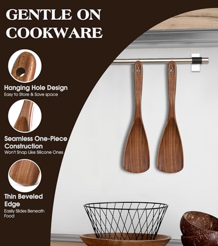 MemoGem 2Pcs Wooden Spatula Spoon, Multifunction Cooking Spoon for Nonstick Cookwares, Heat Resistant Acacia Wooden Spoon Spatula for Cooking, Mixing, Scooping, Scraping, BPA-Free, 11.6 x 2.8 Inch - Image 2