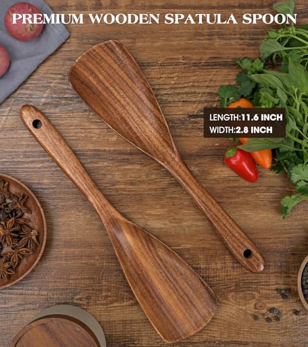 MemoGem 2Pcs Wooden Spatula Spoon, Multifunction Cooking Spoon for Nonstick Cookwares, Heat Resistant Acacia Wooden Spoon Spatula for Cooking, Mixing, Scooping, Scraping, BPA-Free, 11.6 x 2.8 Inch - Image 3