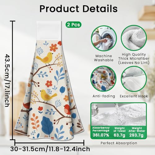 CUTHOLLOW Cartoon Flower and Bird Hanging Kitchen Towels with Loop, Set of 2 - Soft & Super Absorbent Microfiber Decorative Hanging Dish & Hand Towel, Tea Coffee Towel for Kitchen Bathroom Oven Handle - Image 2
