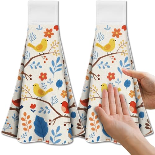 CUTHOLLOW Cartoon Flower and Bird Hanging Kitchen Towels with Loop, Set of 2 - Soft & Super Absorbent Microfiber Decorative Hanging Dish & Hand Towel, Tea Coffee Towel for Kitchen Bathroom Oven Handle - Image 1