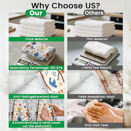 CUTHOLLOW Cartoon Flower and Bird Hanging Kitchen Towels with Loop, Set of 2 - Soft & Super Absorbent Microfiber Decorative Hanging Dish & Hand Towel, Tea Coffee Towel for Kitchen Bathroom Oven Handle - Image 3