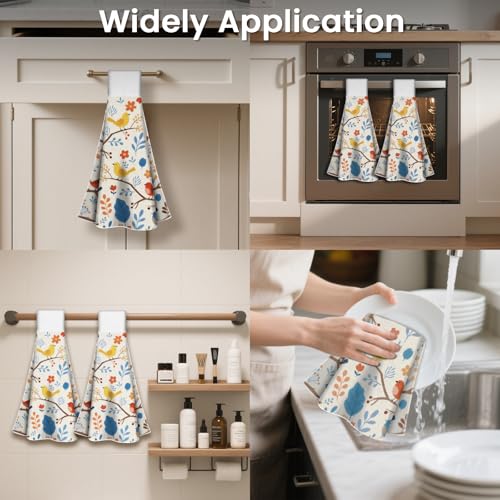 CUTHOLLOW Cartoon Flower and Bird Hanging Kitchen Towels with Loop, Set of 2 - Soft & Super Absorbent Microfiber Decorative Hanging Dish & Hand Towel, Tea Coffee Towel for Kitchen Bathroom Oven Handle - Image 4