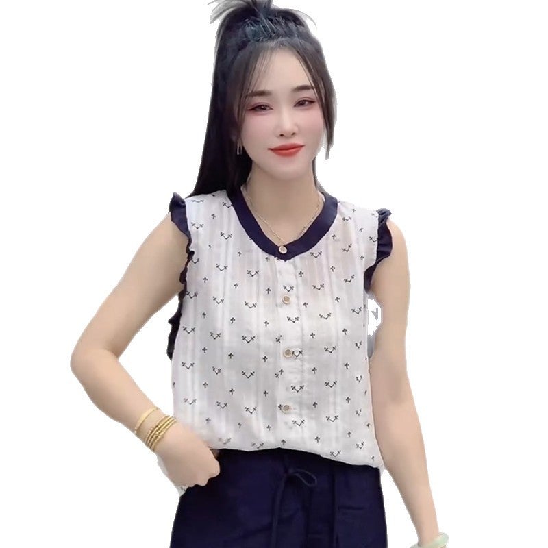 تيشيرت نسائي بلا أكمام بنقاط البولكا مع رقبة مكشكشة قصير - Image 5